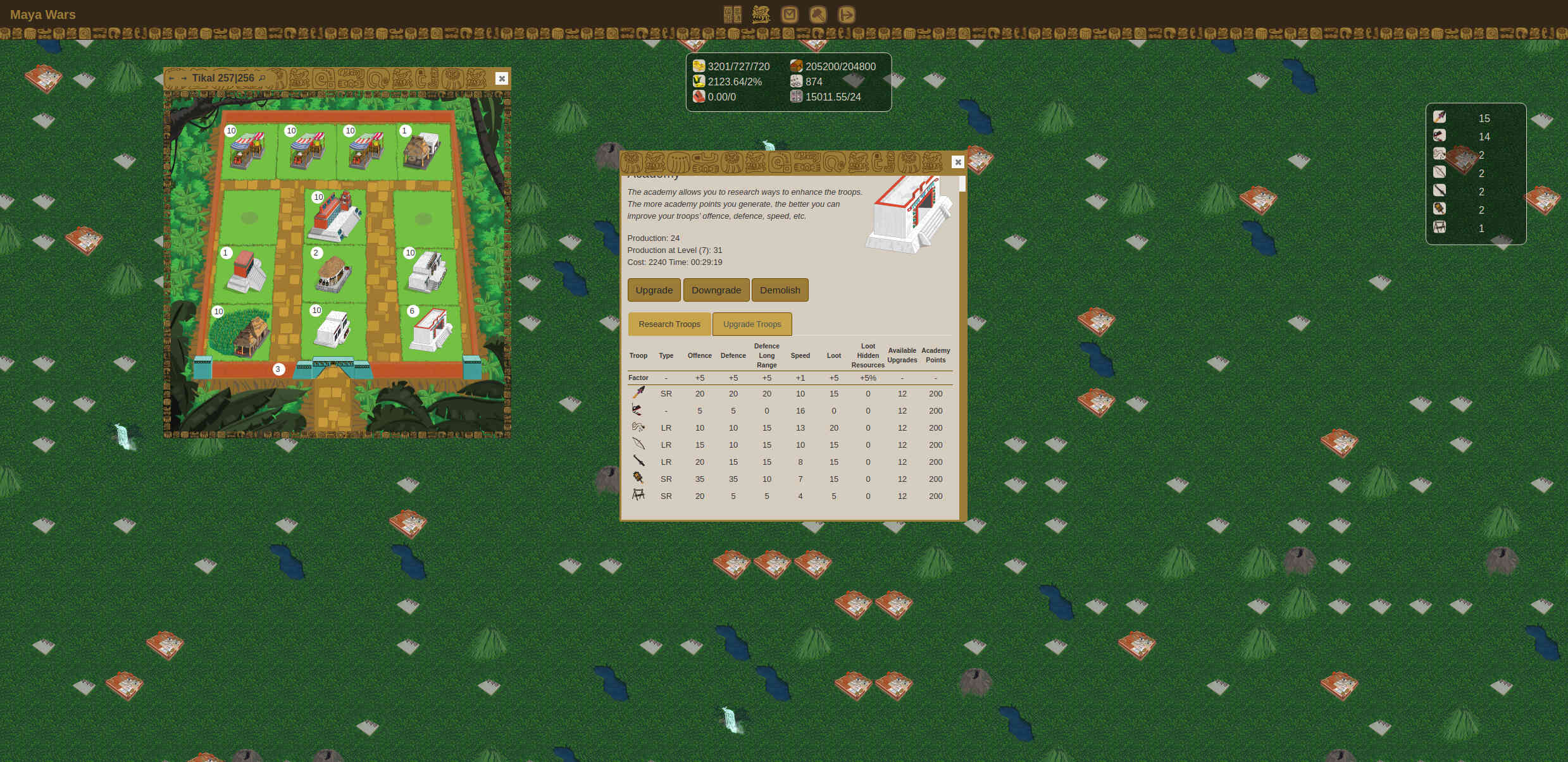 Maya Wars academy upgrade screen